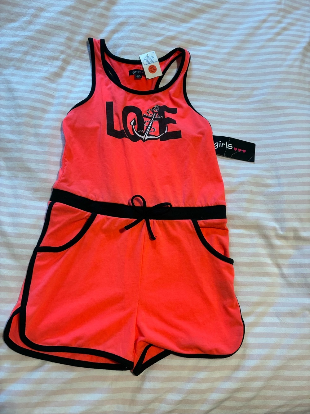 Girls' Coral Tank Romper with Black Trim - LOVE Graphic